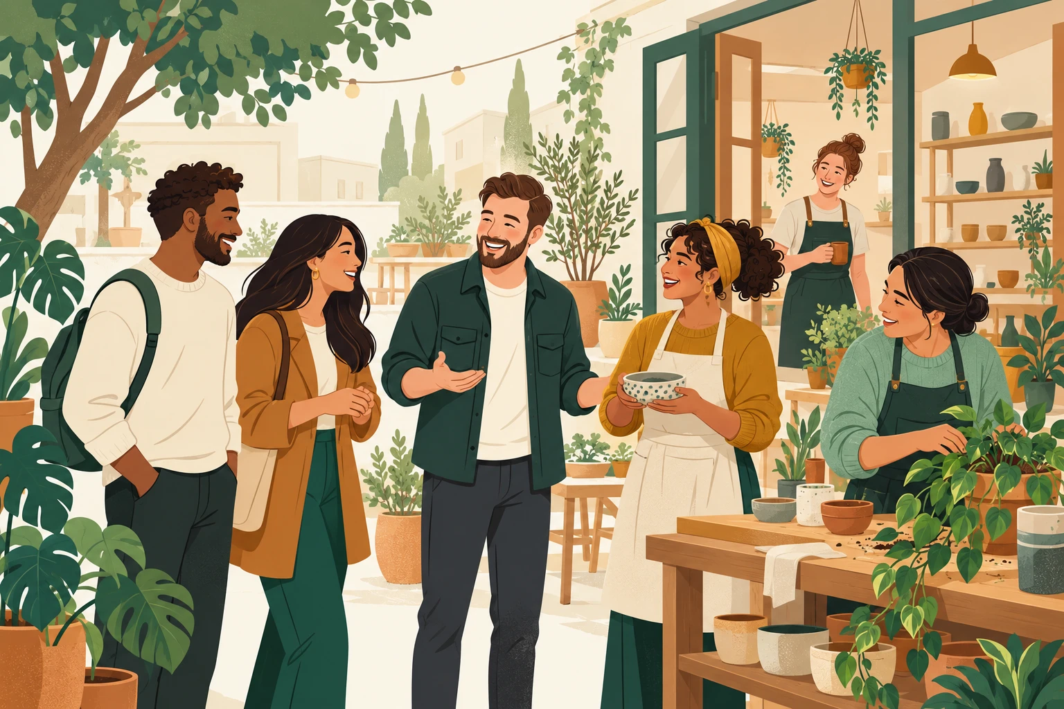 A host welcomes people to a creative gathering in a leafy studio courtyard