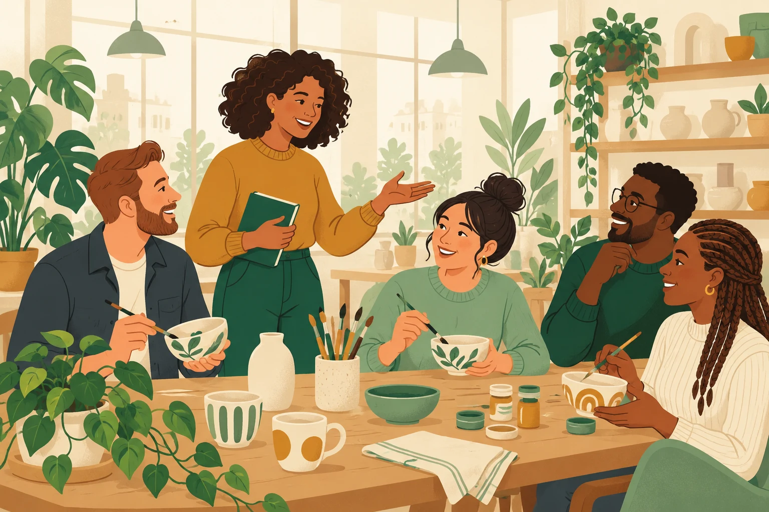 An organizer introduces guests painting ceramic bowls together in a leafy creative studio