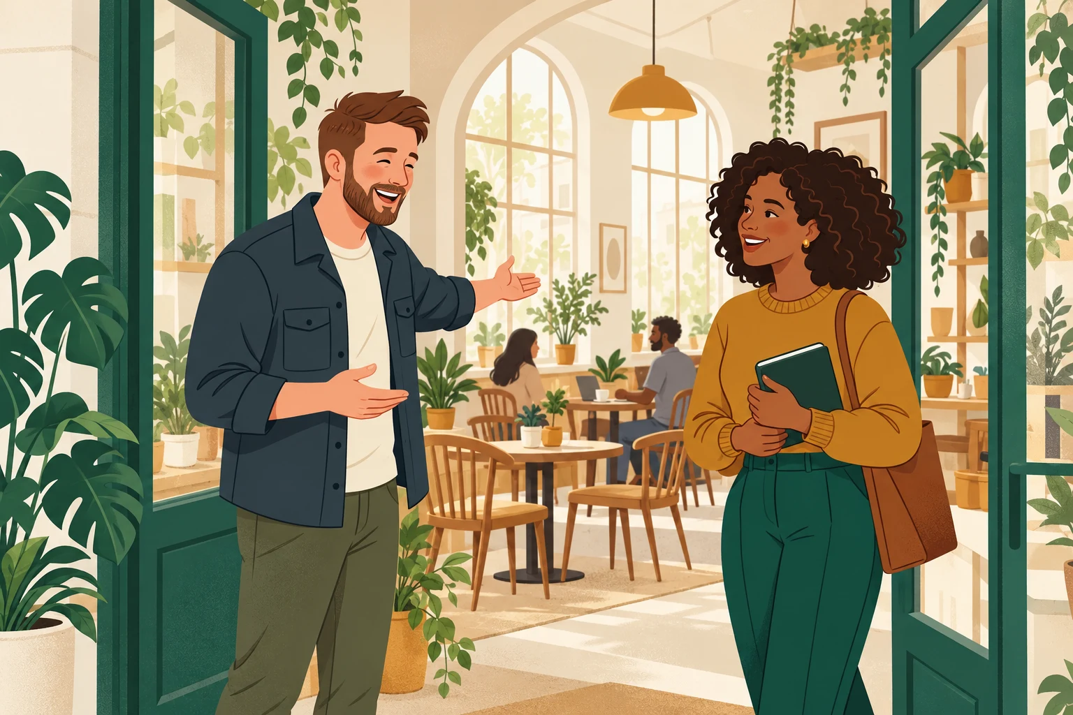 A venue owner welcomes an organizer at the entrance of a bright plant-filled neighborhood café
